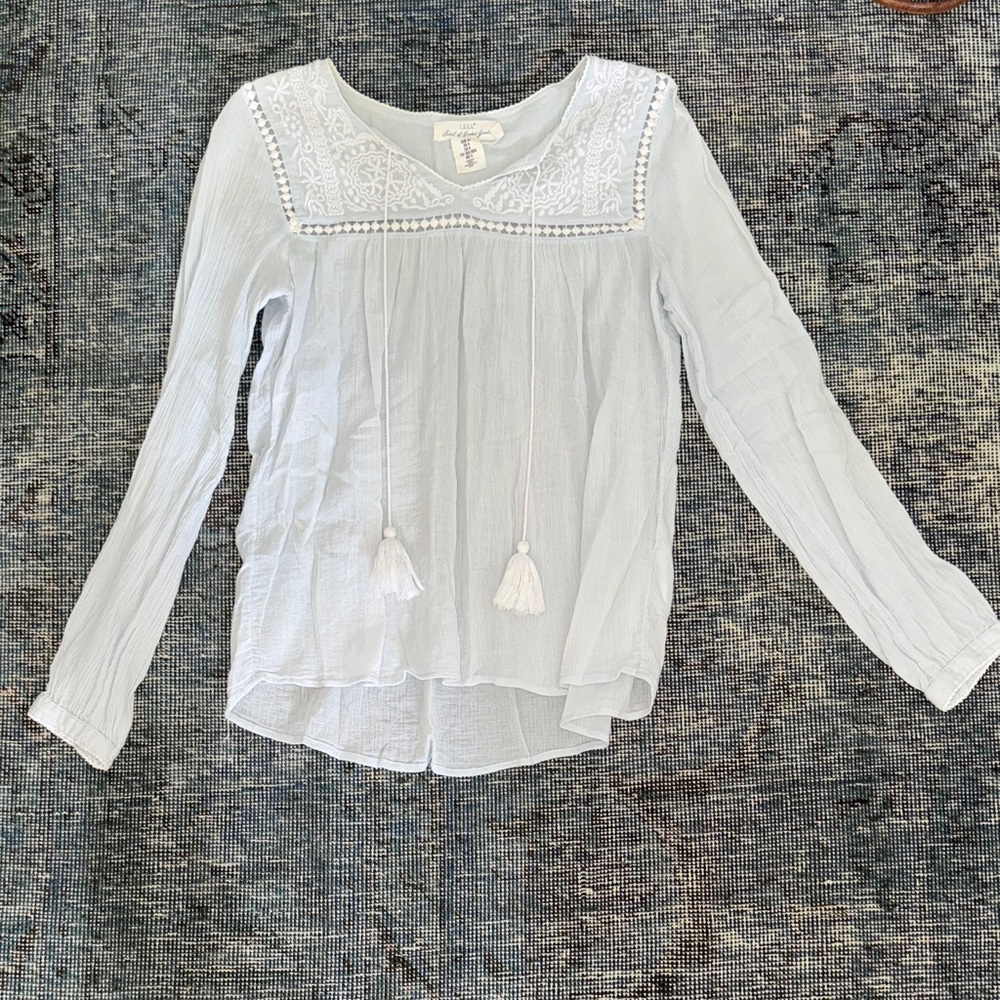 L.O.G.G. Women's Sky Blue with White Lace, Embroidery Detail and Tassel Top